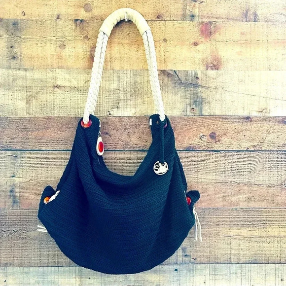 THE SAK Limited Edition Peace Black Crochet XL Bag Rope Handle Leather Accent - Picture 1 of 11